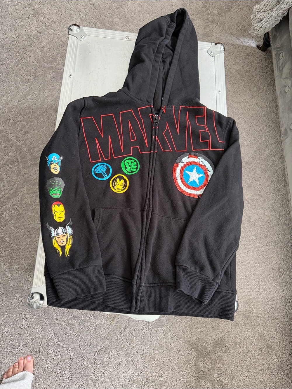 Marvel Black Kids Zip Hoodie with Superhero Patches and Captain America Shield